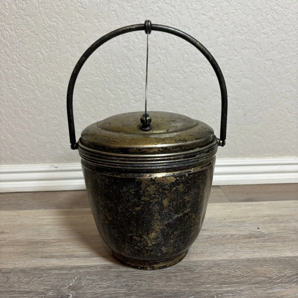 Vintage Silver Plated Ice‎ Bucket Hinged Lid Handle Ornate Lidded Container
